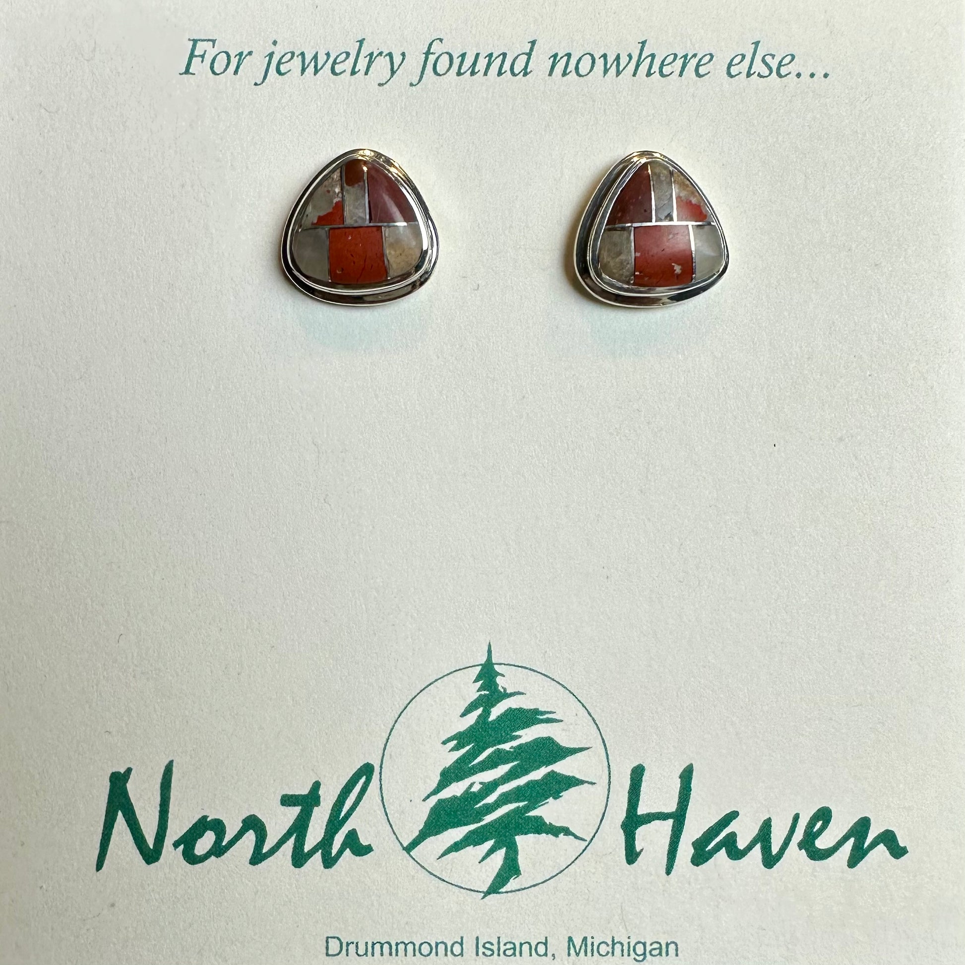Puddingstone Triangle Inlay Stud Earrings