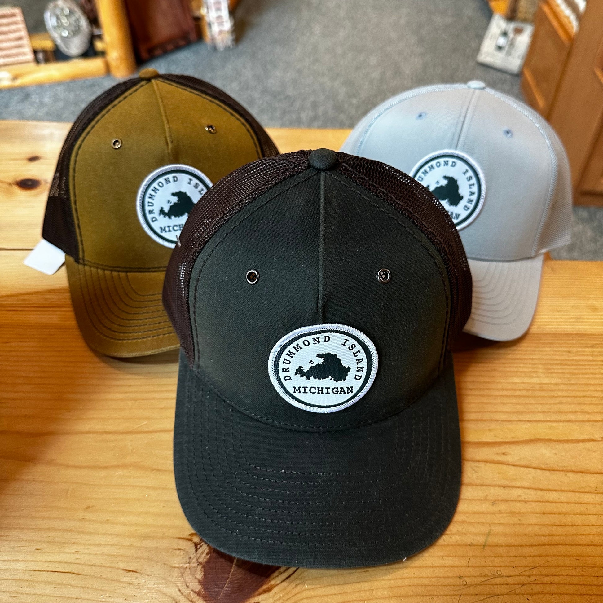 CIRCLE PATCH SNAP BACK TRUCKER HAT IN GREY, BROWN or OLIVE