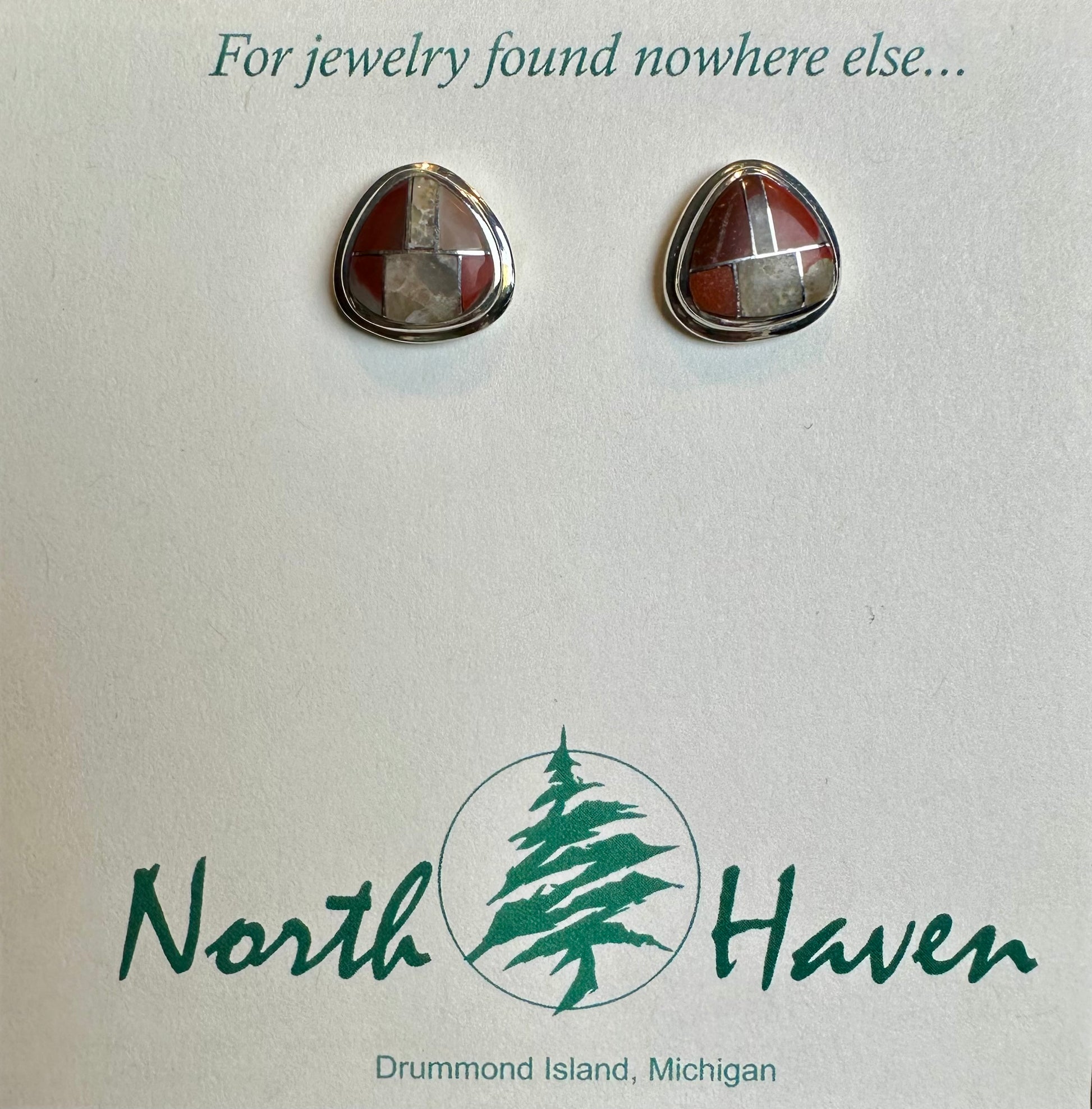 Puddingstone Triangle Inlay Stud Earrings