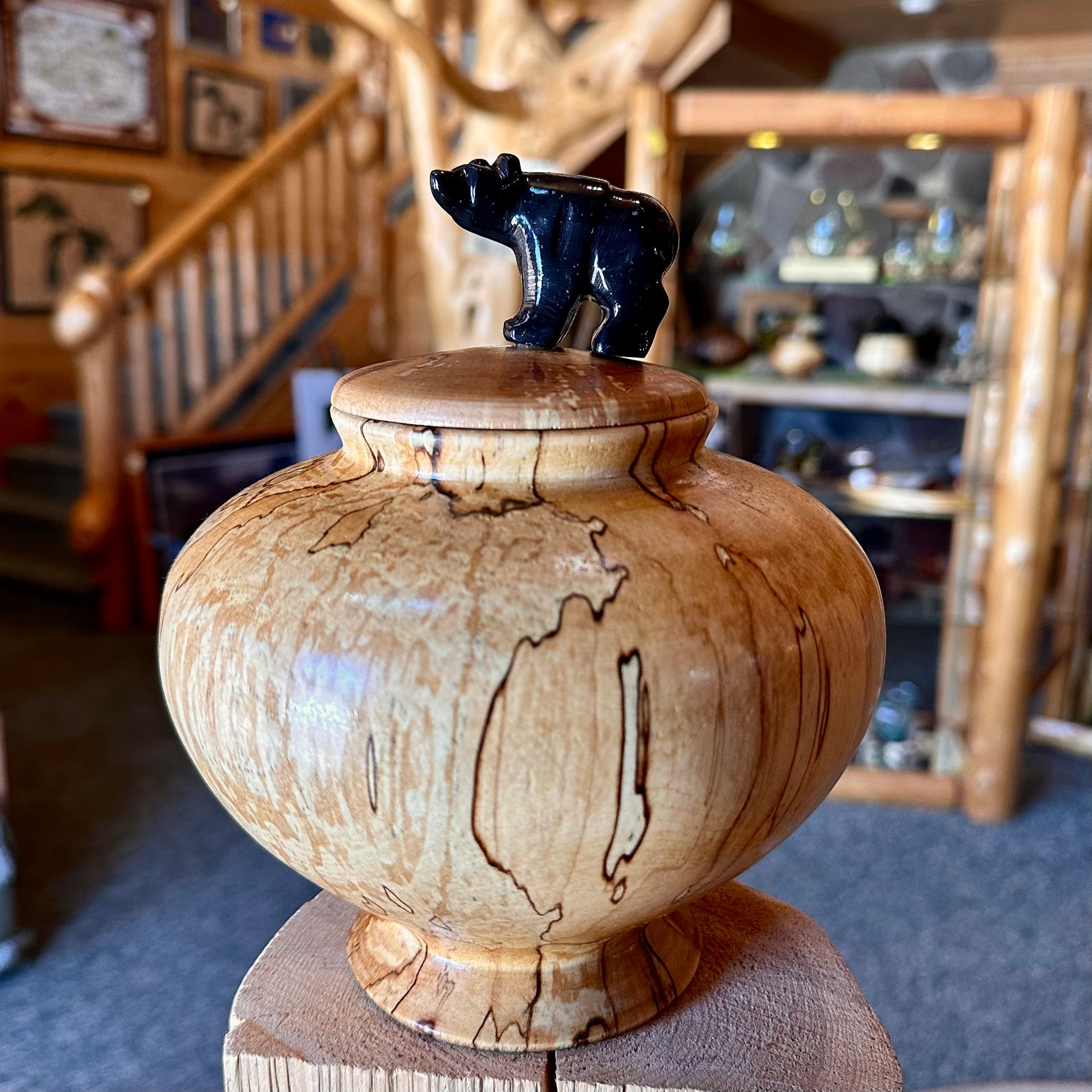 CARVED SPALTED BIRCH BOWL W/ONYX BEAR