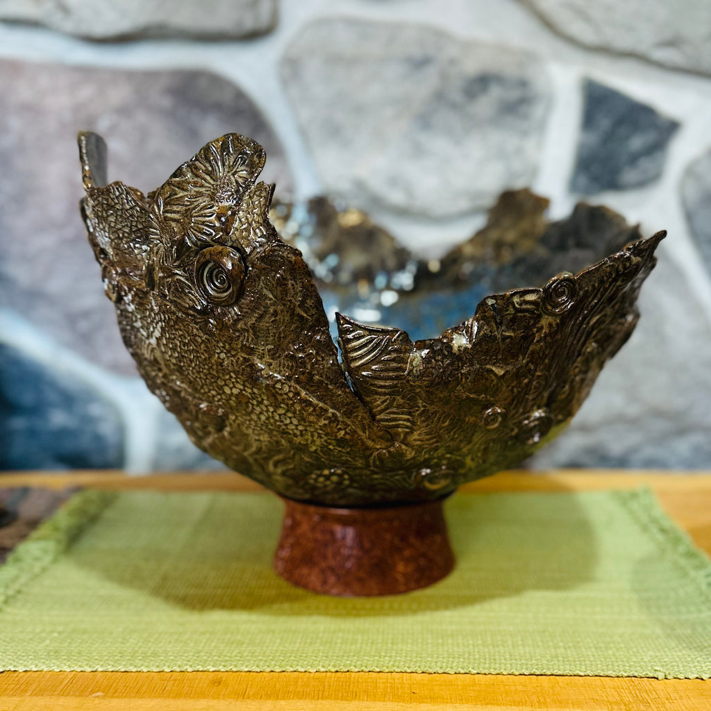 TORN TO PIECES CERAMIC BOWL AND WOOD BASE
